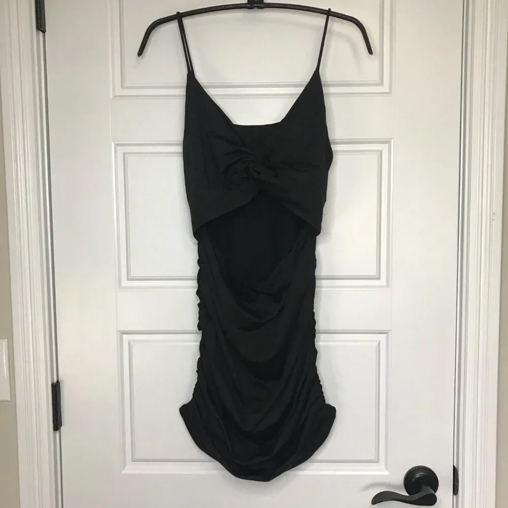 Unbranded Womens Cut Out Twist Knot Ruched Bodycon Mini Dress Size M Black Rayon